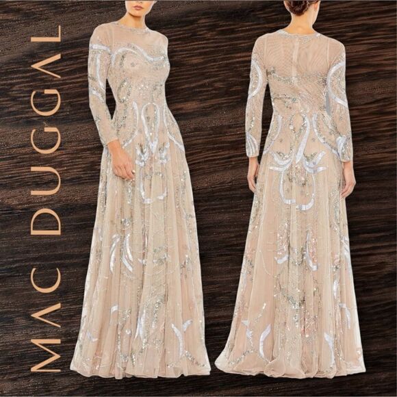 MAC DUGGAL Women’s Long Sleeve Embellished Illusion Evening Gown in the Size 18